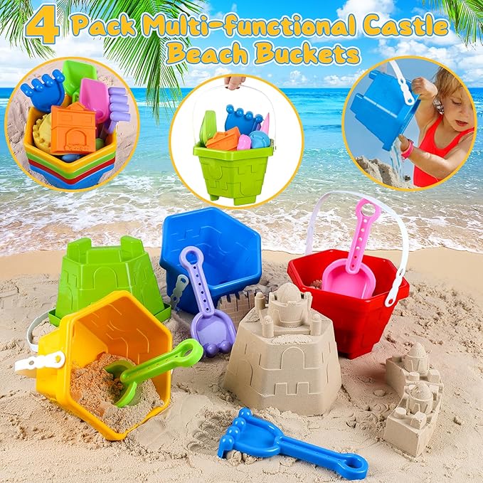 Beach Sand Toys, Sandbox Toys for Kids Family Sharing Set, Sand Castle Kit with 4 Beach Buckets and 4 Shovel Tools & Sand Molds, Travel Beach Toys for Toddlers Boys Girls Age 4-12
