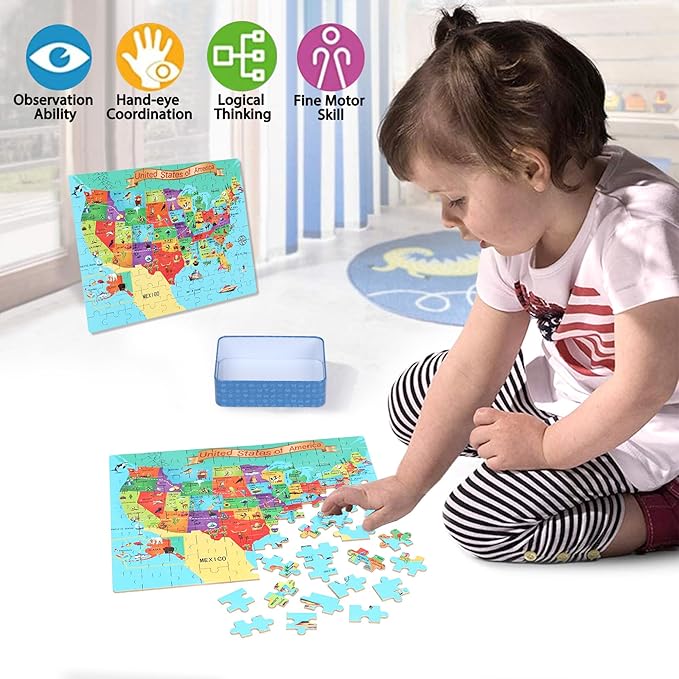 LELEMON Puzzles for Kids Ages 4-6,USA Map 100 Piece Puzzles for Kids Ages 4-8 in a Metal Box,Educational Jigsaw Puzzles 100 Piece Puzzle Games Puzzle Toys for Girls and Boys