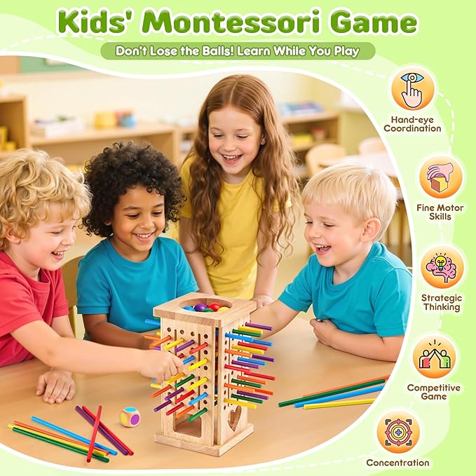 Montessori Wooden Board Games, 42 Colorful Sticks Math Learning Toys for 3 4 5 6 Year Olds, Board Games for Kids 4-6, Fine Motor Skills Toy Family Travel Game, Gifts for Boys Girls 3 Year Old