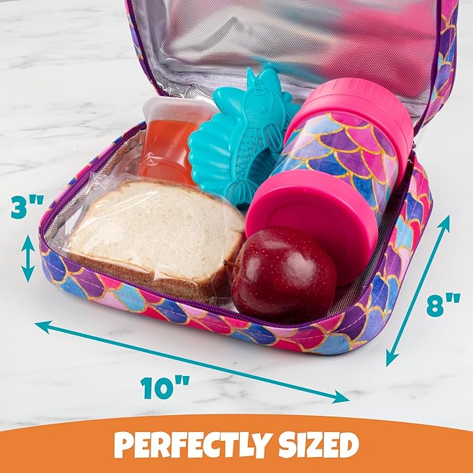Bentology Kids Lunch Bag Set w Matching Reusable Food Jar & Hard Ice Pack- Mermaid- Insulated Tote, Stainless Steel thermos & Freezer Pack to Keeps Food Fresh for Hours- Back to School Lunch Box Kits