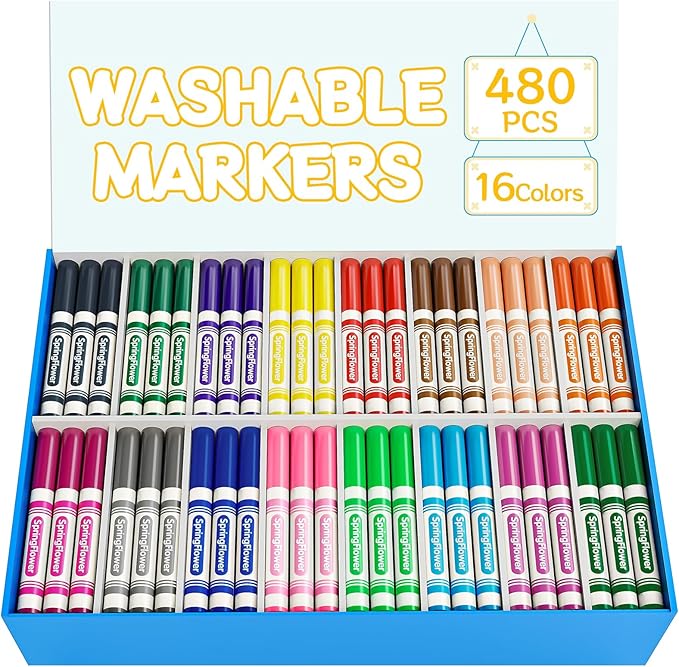 SpringFlower 480 Count Washable Markers Bulk, 16 Assorted Colors Markers Bulk Back to School Classroom Supplies, Broad Tip for Kids, Classroom School Teacher Must Haves