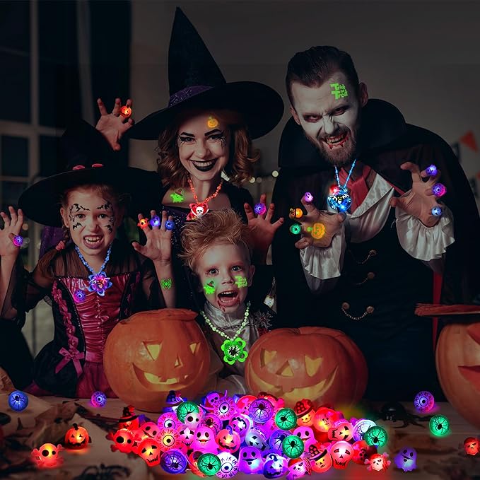 100 PCS Halloween Party Favors for Kids, Glow in The Dark Toys Bulk Halloween Light Up Rotating Necklaces LED Ring Temporary Tattoos Halloween Treats Classroom Prizes Goodie Bag Fillers Trick or Treat