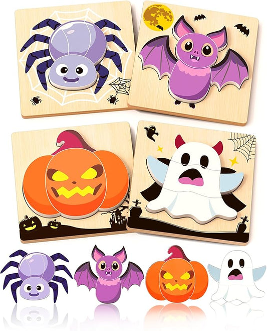 Halloween Wooden Puzzles for Toddlers, 4 Pack Halloween Toys Party Favors Treats, Montessori Toys Birthday Gifts for Kids Boys Girls
