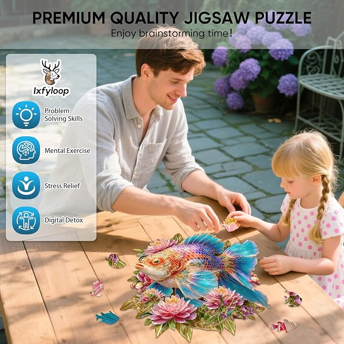 Wooden Puzzles for Adults 497 Pieces, Lucky Carp Wooden Jigsaw Puzzles, Art Adult Puzzles, Irregular Puzzles Creative Gift for Adults and Kids Family Brain Game, 16.2x17 inch