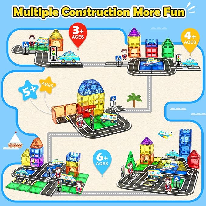 Magnetic Tiles City Road Set with Magnet Car, Magnetic Blocks Building Toys for Kids, STEM Construction Toys for Toddlers, Gifts for 3+ Year Old Boys & Girls