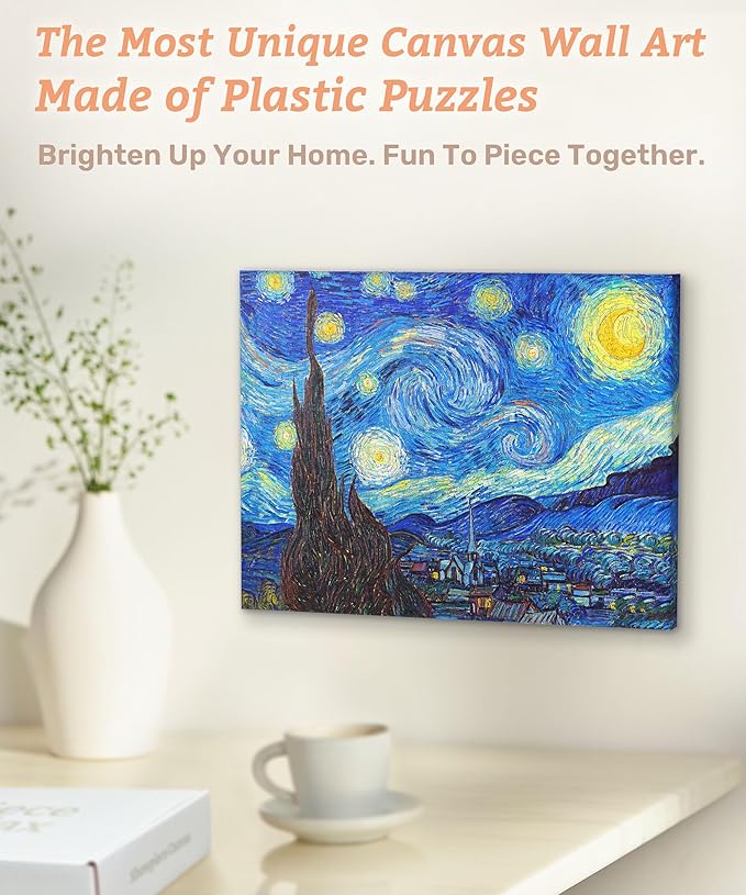 PieceRelax Puzzle Canvas Wall Art 366 Plastic Pieces for Adults - Vincent Van Gogh - The Starry Night - Unique Gift & Home Décor with Jigsaw Puzzle Artwork for Living Room Bedroom [HN1306]