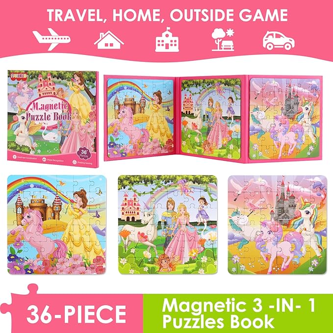 Magnetic Puzzles for Kids Ages 4-6, 36-Piece Toddler Travel Toys Princess Puzzles Ages 3-5, Educational Learning Magnets, Ideal Road Trip Activities Toys for 3 4 5 6 Girls