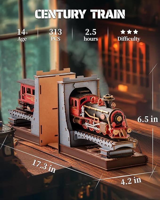 Rolife 3D Puzzles for Adults DIY Book Nook Kit Wooden VintageTrain Decorative Bookends 6.5" Model Building Kit Crafts for Adults Gifts for Boys Girls
