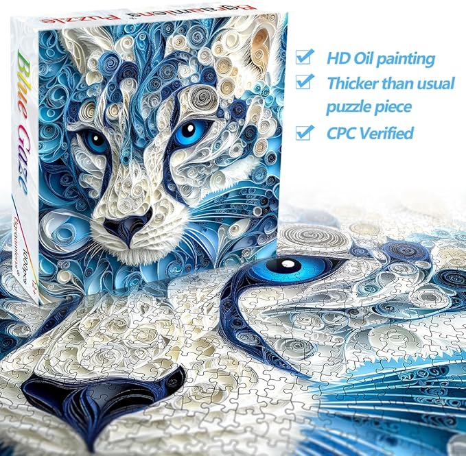 Bgraamiens Puzzle-Blue Gaze-1000 Piece Tiger Animal Puzzle Paper Quilling Art Puzzle Color Challenge Jigsaw Puzzles for Adults and Kids