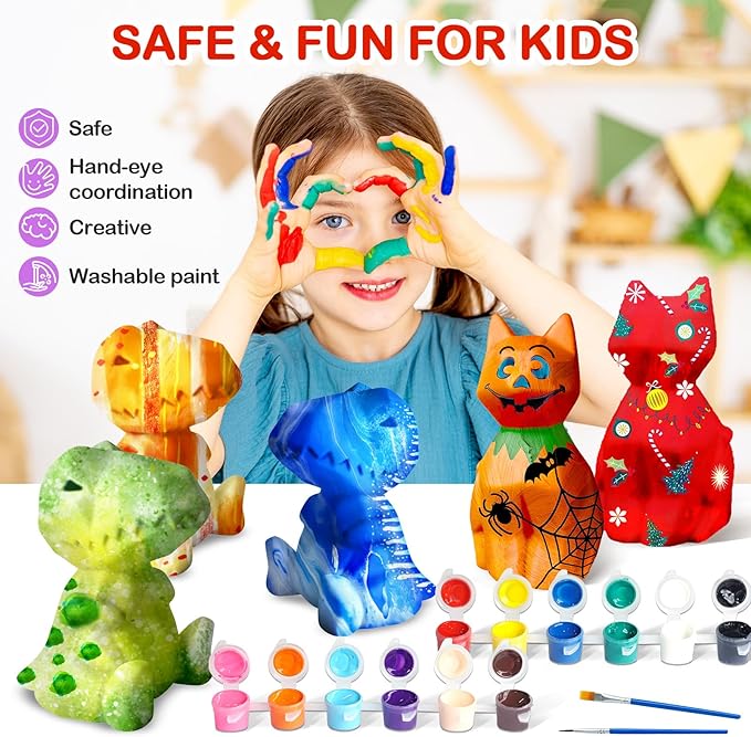 Goodyking Paint Your Own Cat & Dinosaur Lamp Art Kit 2pcs, DIY Night Light, Christmas Crafts for Teens, Painting Kit for Girls Boys Age 4 5 6 7 8+, Art Supplies Cat Craft Gift for Birthday, Party