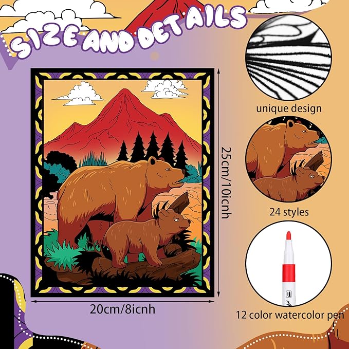 Zhanmai Pack of 48 Velvet Coloring Posters and Watercolor Pens National Parks Fuzzy Velvet Coloring Posters for Adults Teenagers Large Poster for Holiday Arts Crafts