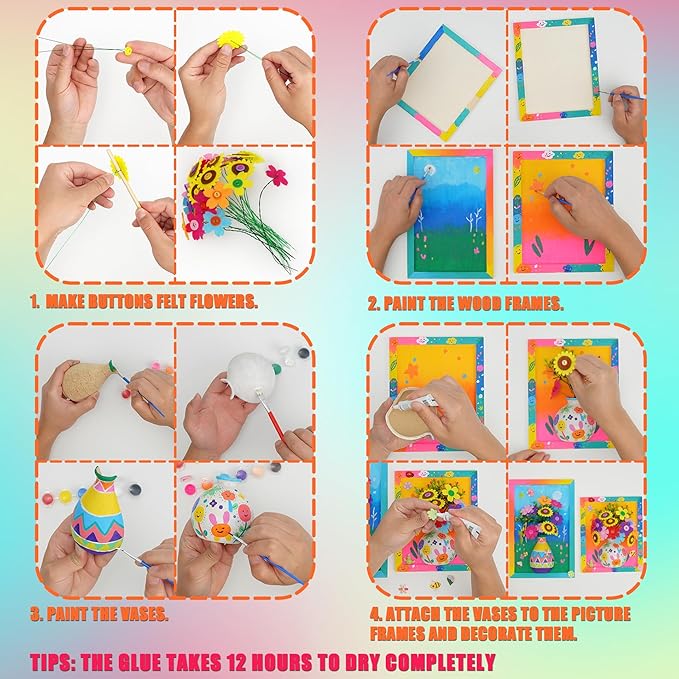 Crafts Gift for Girls, DIY 3D Felt Flowers Wooden Vase Picture Frame Painting Kit, Arts and Crafts Project for Kids Age 6 7 8 9 10 11 12 Years Old (Felt Flowers)