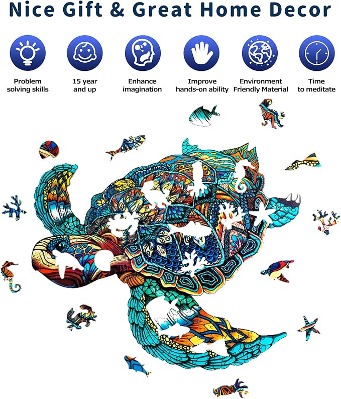 Jigfoxy Wooden Puzzles for Adults, Sea Turtle Wooden Jigsaw Puzzles for Adults Kids, Unique Animal Shape Wood Cut Puzzles, Christmas Thanksgiving Gifts for Friend Family(M-11.8x10in-180pcs)
