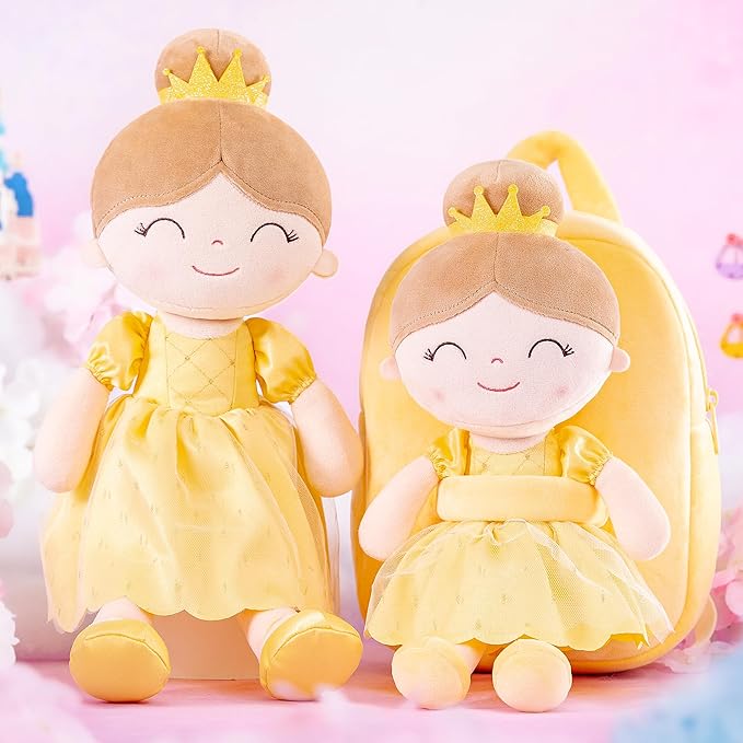 Gloveleya Back to School Gifts for Girls Toddler Backpack for Girls Kids Backpacks Soft Girl Toys Plush Baby Girl Gifts with Plush Princess Bella Doll Yellow 9"