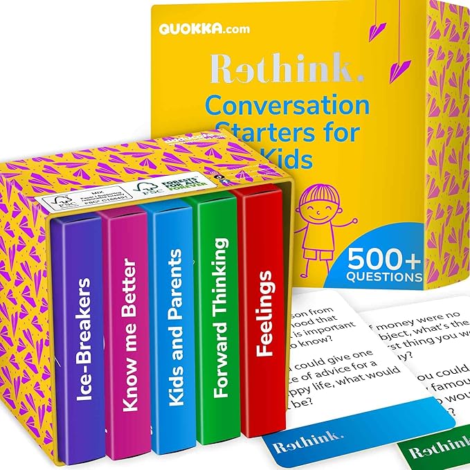 QUOKKA Conversation Cards Game - Kids Edition | 500 Questions | Premium Version | Share Thoughts - Fun Talking Board Game for Family Night