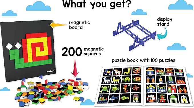 New Magnetic Puzzles : Squares - Includes 250 Colorful Magnets Pieces 100 Puzzle Book Magnetic Board and Display Stand