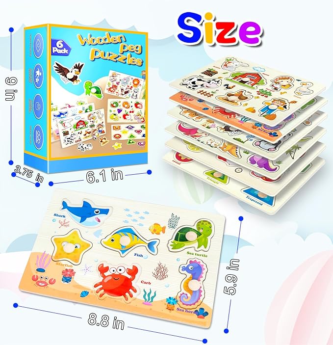 Wooden Peg Puzzles for Toddlers,Montessori Toddler Puzzles for Child,Fine Motor Skill Learning Puzzles Toys for Baby Boys Girls Gifts-6 Pcs Shape,Farm,Sea Animal,Dinosaurs,Fruits,Animals