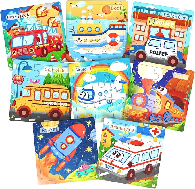 Wooden Puzzles for Toddlers, 8 Pack Vehicle Jigsaw Puzzles for Kids3-5, 9 Pieces Preschool Learning Activities, Learning & Educational Toys, Gift for Boys, Girls