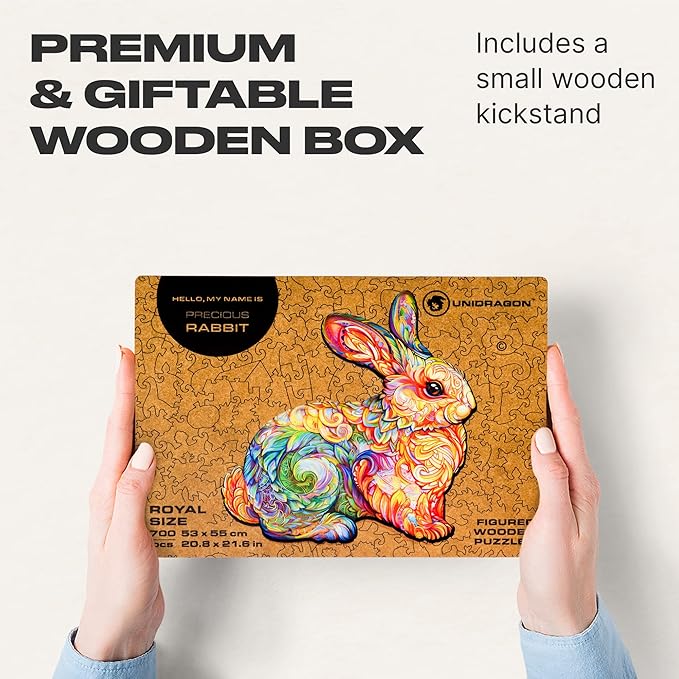 UNIDRAGON Original Wooden Jigsaw Puzzles - Precious Rabbit, 700 pcs, Royal Size 20.8"x21.6", Beautiful Gift Package, Unique Shape Best Gift for Adults and Kids