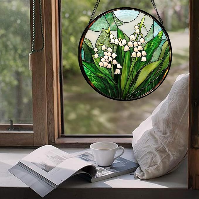 Stained Glass Window Hanging - White Green Lily of The Valley Suncatcher for Doors Garden Terrace Plant Sun Catchers Decor Mother's Day Birthday Flowers Gifts for Women Men Mom 7.8 in