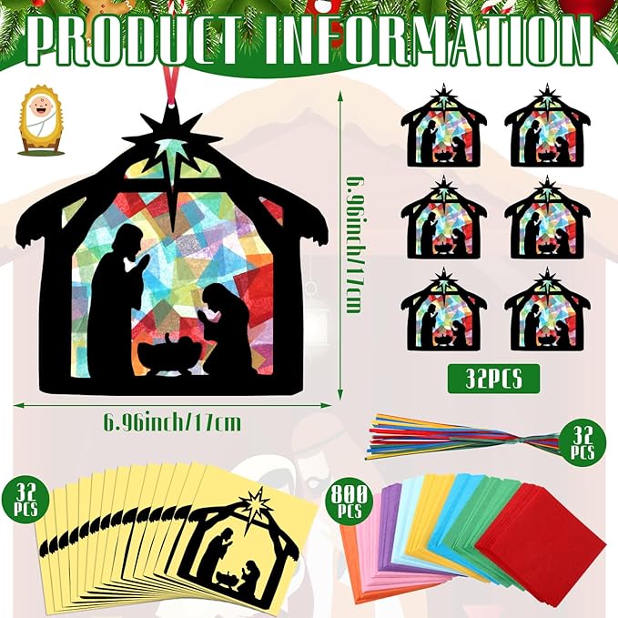 Eersida 32 Sets Christmas Nativity Suncatchers Craft Kit DIY Christianity Tissue Paper VBS Sunday School Craft Make a Nativity Tissue Paper Kit for Holy Night Christian Religious Lent Bible Window Art