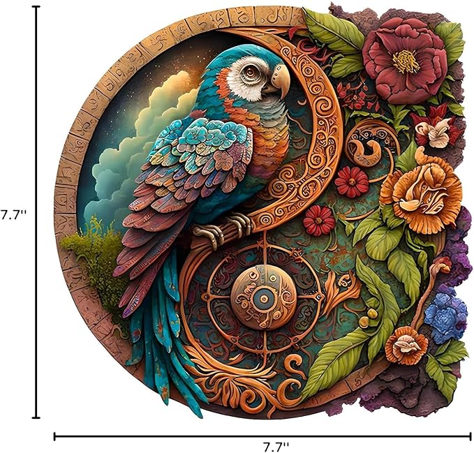 CRAFTHUB Animal Wooden Puzzles for Adults – A4 Parrot Yin Yang with 115 Pieces – Jigsaw Puzzles with Unique Animal Shapes – 7.7" x 7.7"