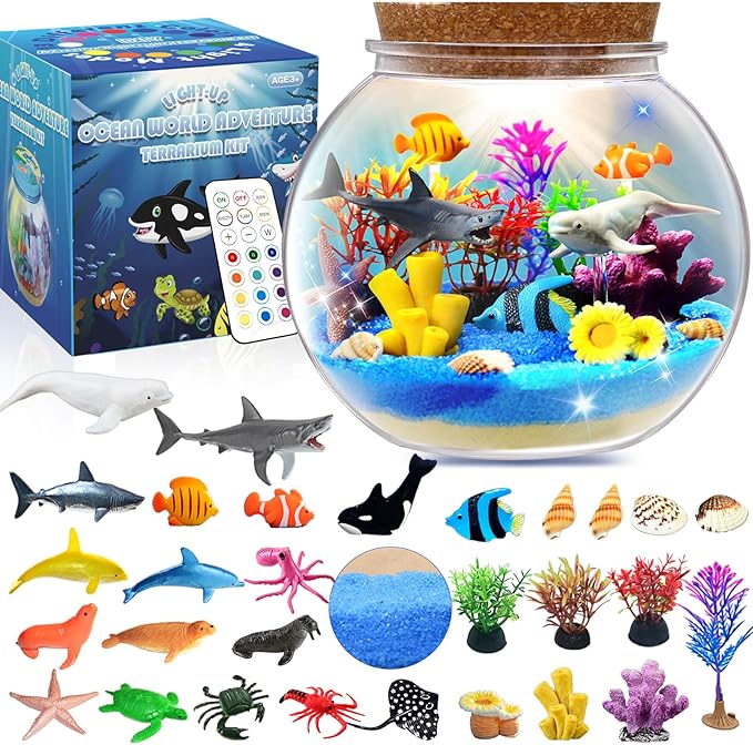 Ocean Light Up Terrarium Kit for Kids - LED Night Light Ocean Birthday Gift for Girls & Boys Ages 4 5 6 7 8-12, Kids Arts & Crafts Kit