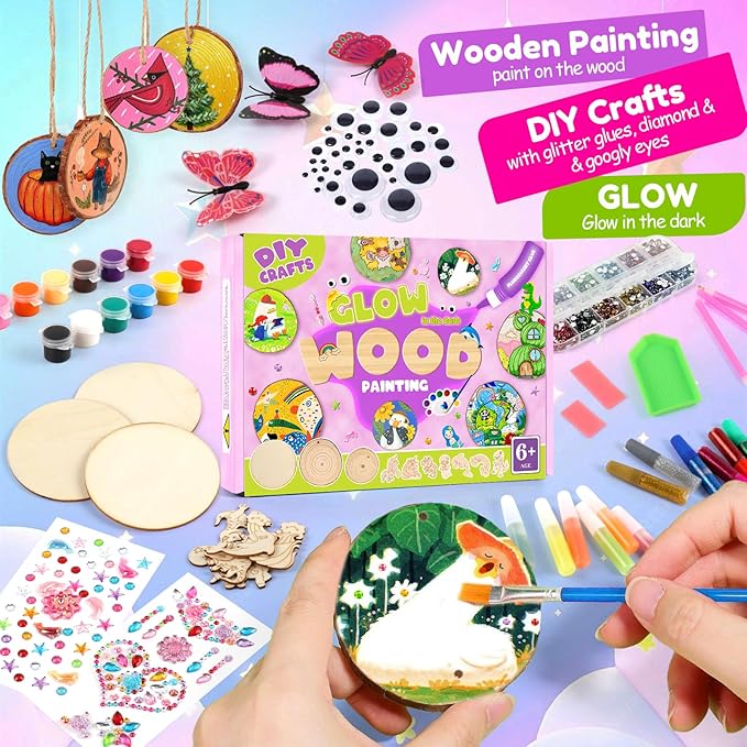 Wooden Painting Kit for Kids 6-12, Wood Slice DIY Craft Gift Set with Paints, Glues, Assorted Gems & Diamond Painting Tools, Creative Art Activity Supplies for Boys Girls