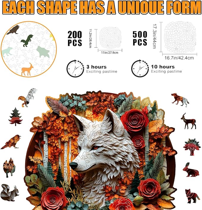 Wooden Jigsaw Puzzle, 200-500 Pieces Unique Shape Animal Puzzle, for Adults & Kids, Birthday Gift Family Game, Decorative Puzzle, Unique Gift (Autumn Wolf, 300 PCS)