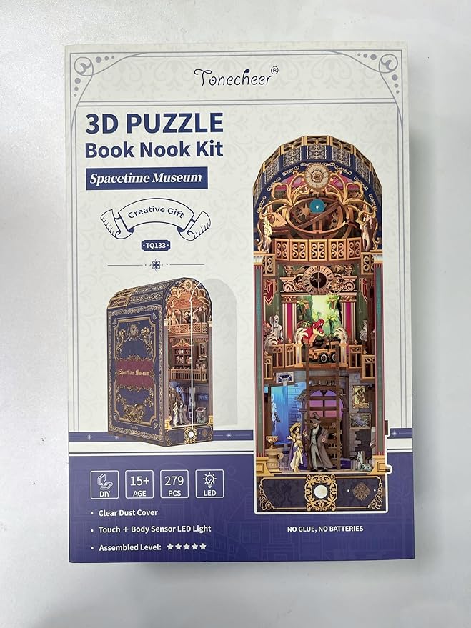 Tonecheer DIY Book Nook Kit for Adults, 3D Wooden Puzzle Bookend Miniature House Kit, Booknook Bookshelf Insert Decor with Dust Cover and LED Lights Gifts (Spacetime Museum)