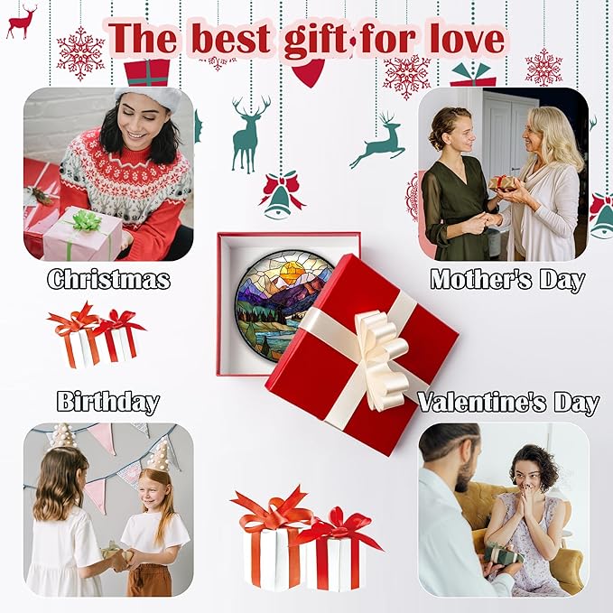 Stained Glass Window Hanging, Blue Lake Golden Sun Abstract Mountains Landscape Suncatcher for Doors Window Home Sun Catchers Decor Mother's Day Birthday Gifts for Women Men Mom 11.8 in