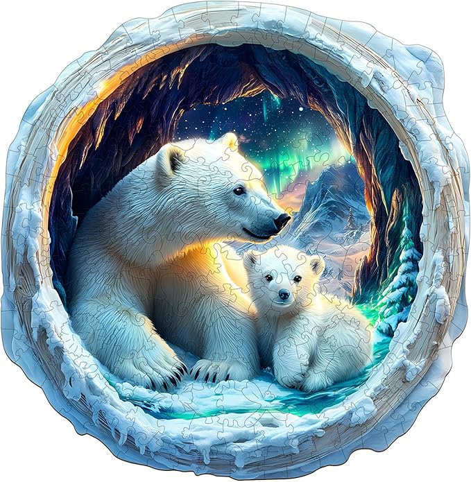 KAAYEE Wooden Puzzles for Adults, 3D Vision Effect Warm Aurora Cave Bear Wooden Jigsaw Puzzle Unique Shape Wood Puzzle Adult, 3D Effect Flat Puzzle Birthday Family Game (M-11.4 * 11.1 in-200pcs)