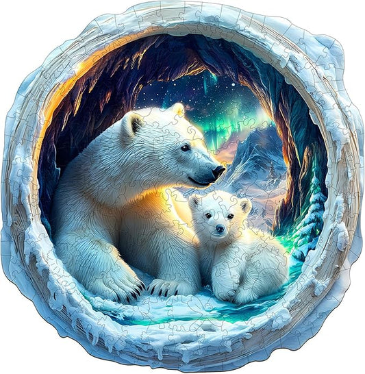 KAAYEE Wooden Puzzles for Adults, 3D Vision Effect Warm Aurora Cave Bear Wooden Jigsaw Puzzle Unique Shape Wood Puzzle Adult, 3D Effect Flat Puzzle Birthday Family Game (M-11.4 * 11.1 in-200pcs)