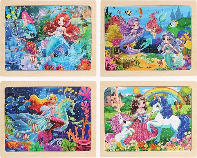 Wooden Puzzles for Kids Ages 4-6, 4 Packs 24 PCs Unicorn Mermaid Princess Fairy Jigsaw Puzzles, Preschool Educational Brain Teaser Toys for Girls 3 4 5 6 Years Old