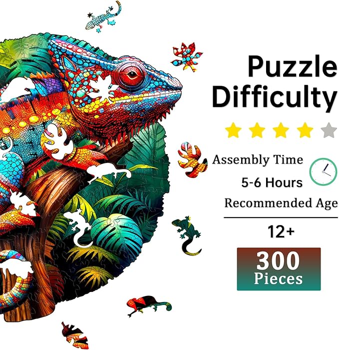 Jigfoxy Wooden Puzzles for Adults, Chameleon Wood Puzzles Adult, Unique Animal Shape Wooden Jigsaw Puzzles for Adults, Birthday Gifts for Puzzle Lovers, Family, Friend (L-13.6 * 13.5in-300pcs)