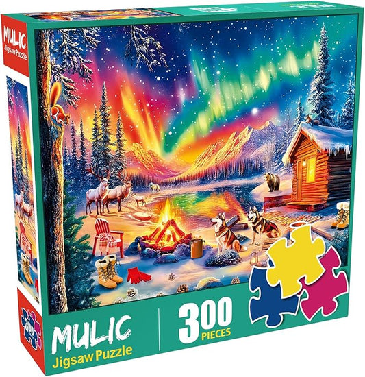 300 Piece Puzzles for Adults - Large Piece Jigsaw Puzzles for Seniors - Campfire Under The Northern Lights