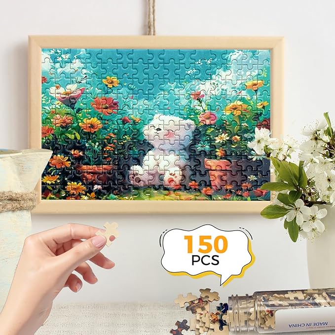 150 Pieces Mini Jigsaw Puzzles for Adults & Kids,6 x 4 Inches,Mini Travel Puzzle,Small Puzzles,Micro Puzzles,Challenging Difficult Puzzle,3 Pack Cartoon Garden