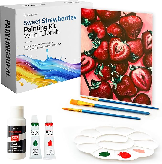 Painting4Real DIY Painting Class Kit for Adults with Video Tutorials: Learn to Paint Sweet Strawberries – How to Paint with Acrylics – Painting & Art Supplies – 9 Piece Acrylic Paint Set