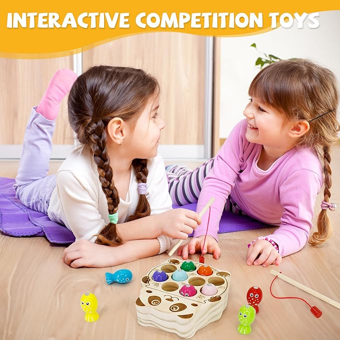 Wooden Magnetic Fishing Game, Panda Magnetic Fishing Toy for Kids 3-5, Montessori Preschool Education Learning Color Sorting Fine Motor Skill for Toddlers