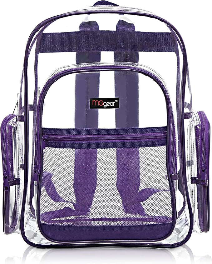 Wholesale 10-Pack Bulk Case Clear PVC Backpacks with Purple Trim and 5 Zipper Compartments, 17 Inch Transparent School Approved Backpack, Daypack, Stadium Bag, Bookbag