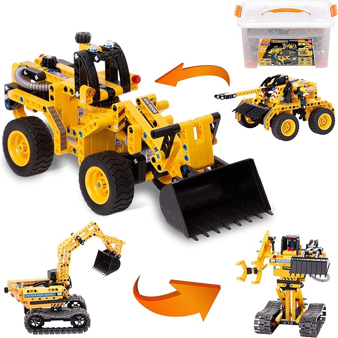 4-in-1 DIY Construction STEM Toy: 603-Piece Excavator Building & Robotics Kit, Educational Engineering Playset for Boys & Girls 8-12, Quality Family Time Popular Gift with Storage Box