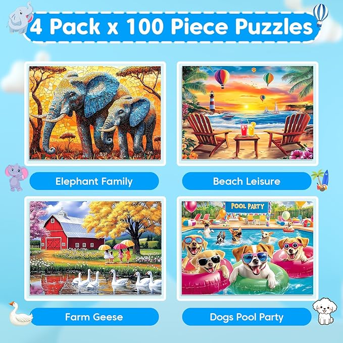 4-Pack Puzzles for Kids Ages 6-8 8-10 Year Old - Elephants, Farm, Beach, Dogs, Large Piece Puzzles for Seniors, 100 Pieces Jigsaw Puzzle for Kids Ages 4-6, Learning Educational Toys