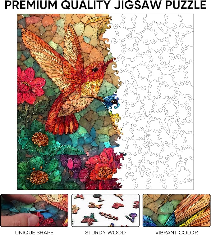 Wooden Puzzles for Adults 500 Pieces, Glass Hummingbird Jigsaw Puzzles, Unique Design Color Challenge Adult Puzzles for Family Brain Game Gift, Home Decor,15.9x15.9 inch