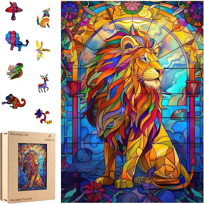 Ruikiyart Wooden Puzzles for Adults Stained Glass Lion Jigsaw Puzzles 500Pcs Unique Animal Shapes Puzzle Games Fabulous Gift for Kids and Adults on Birthday,Thanksgiving,Christmas 12.2x17.3 Inches