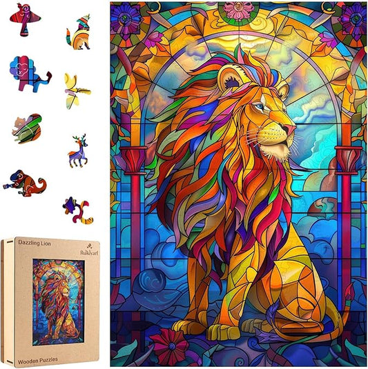 Ruikiyart Wooden Puzzles for Adults Stained Glass Lion Jigsaw Puzzles 500Pcs Unique Animal Shapes Puzzle Games Fabulous Gift for Kids and Adults on Birthday,Thanksgiving,Christmas 12.2x17.3 Inches