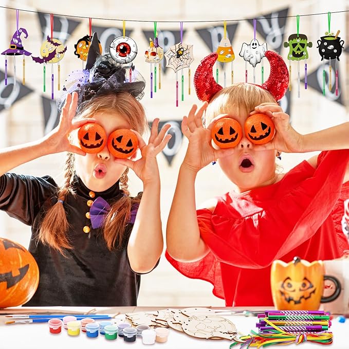 30 Pack Halloween Wind Chime Making Kit for Kids Make Your Own Halloween Wind Chime Ghost Pumpkin Bats DIY Crafts Wooden Ornaments for Activity Birthday Decoration