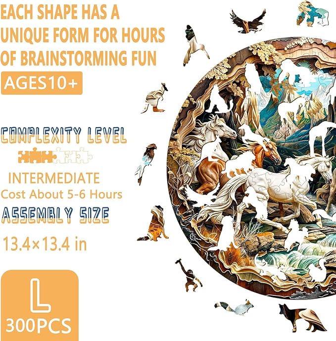 Wooden Puzzles for Adults, 3D Visual Effects Running Horses Wooden Jigsaw Puzzles for Adult, Wood Puzzles Adult, Cool Puzzles, Unique Gift Idea, Wall Art Canvas Puzzle (L-13.4 * 13.4in -300 Pcs)