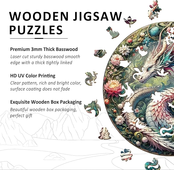 Wooden Puzzles for Adults - Mandala Dragon Wood Puzzles Adult - Unique Animal Shape Wooden Jigsaw Puzzles for Adults - Birthday Gifts for Puzzle Lovers, Family (13.3 * 13.3in)