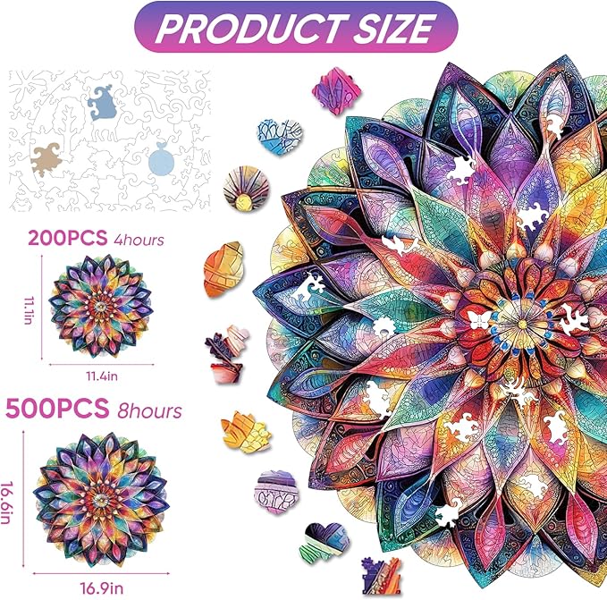 Ruikiyart Wooden Puzzles for Adults, 5MM 200 Pieces Crystal Flower Wooden Jigsaw Puzzles, Mandala Puzzle Unique Shaped for Adults and Kids on Thanksgiving,Christmas Family Puzzle Games (11.1"*11.4")