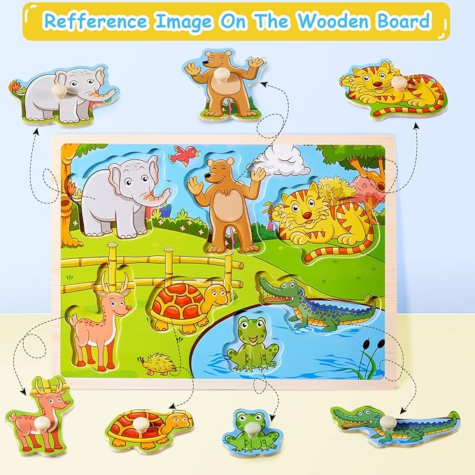 Chivao 10 Pack Wooden Peg Puzzles for Toddlers Jigsaw Learning Puzzles for Kids Wooden Toddler Toys with Alphabet Number Animal Vehicle Shape